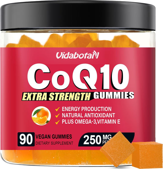 Sugar Free CoQ10 Gummies 250mg with Vitamin E & Omega-3 - Vegan, Orange Flavor - Heart & Energy Support - 90 Chewable Gummies