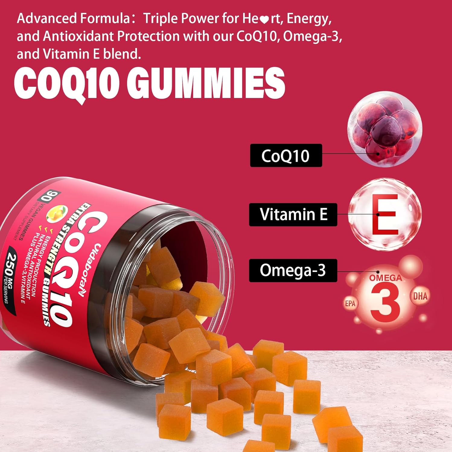 Sugar Free CoQ10 Gummies 250mg with Vitamin E & Omega-3 - Vegan, Orange Flavor - Heart & Energy Support - 90 Chewable Gummies