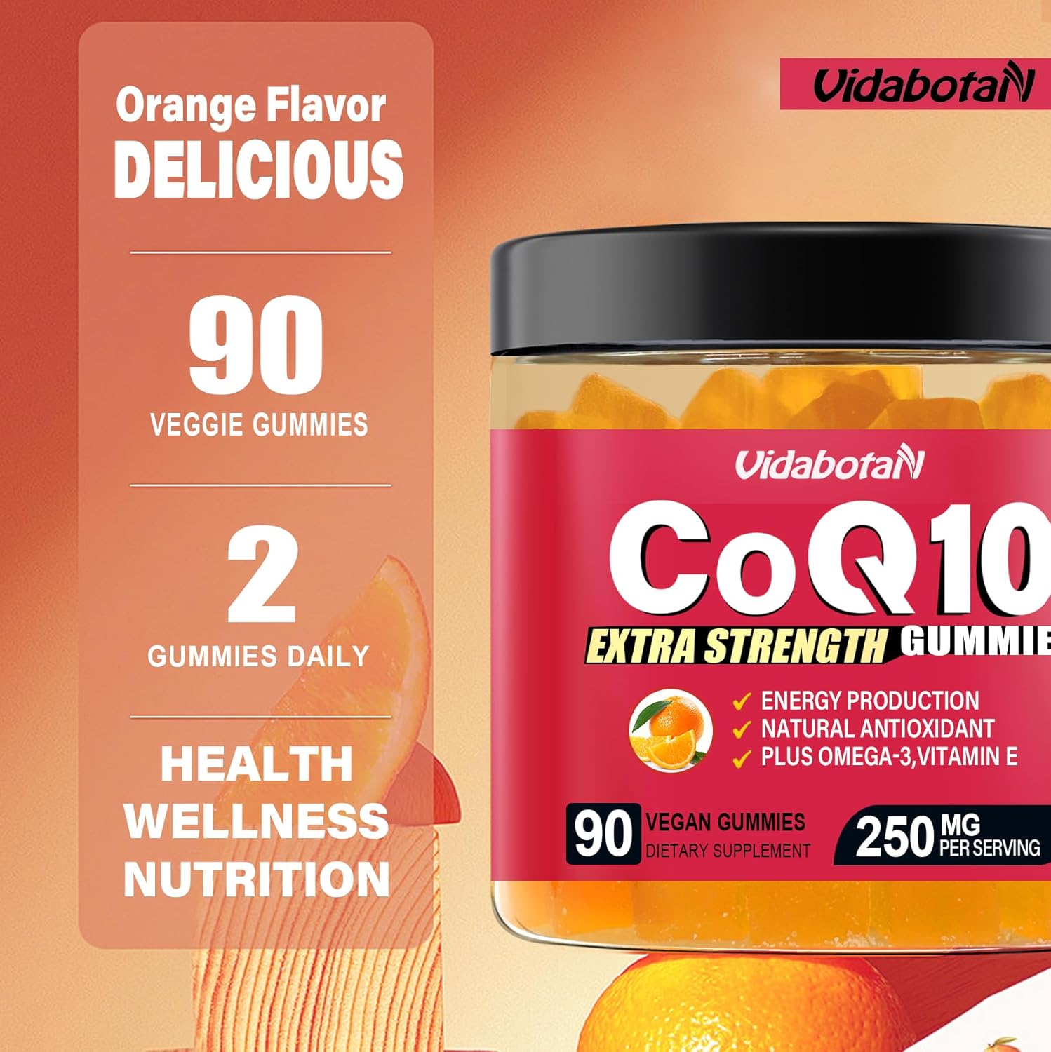 Sugar Free CoQ10 Gummies 250mg with Vitamin E & Omega-3 - Vegan, Orange Flavor - Heart & Energy Support - 90 Chewable Gummies
