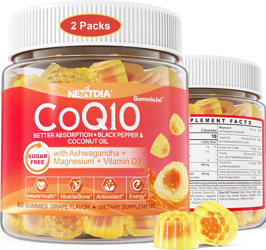 Sugar-Free CoQ10 Gummies with Ashwagandha, Magnesium, B6, D3, B12, & B9 - Energy & Heart Support - 2 Pack