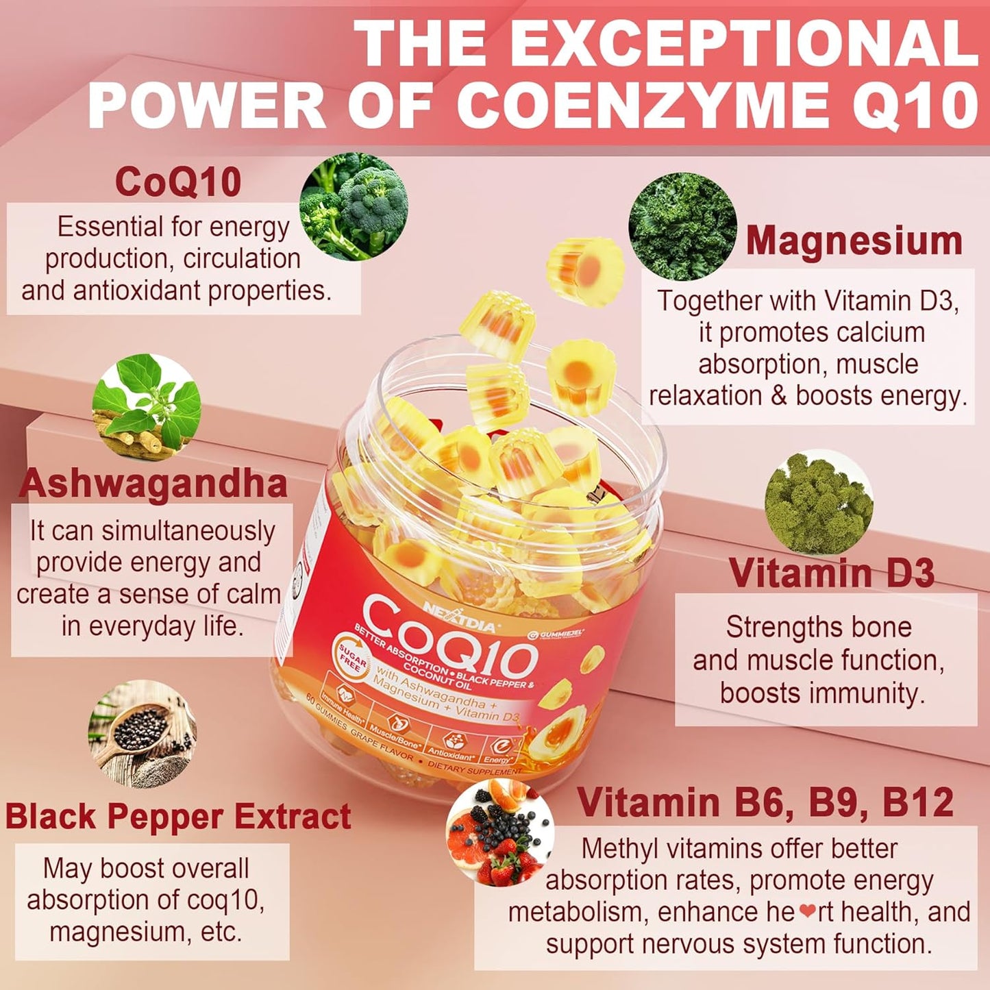 Sugar-Free CoQ10 Gummies with Ashwagandha, Magnesium, B6, D3, B12, & B9 - Energy & Heart Support - 2 Pack