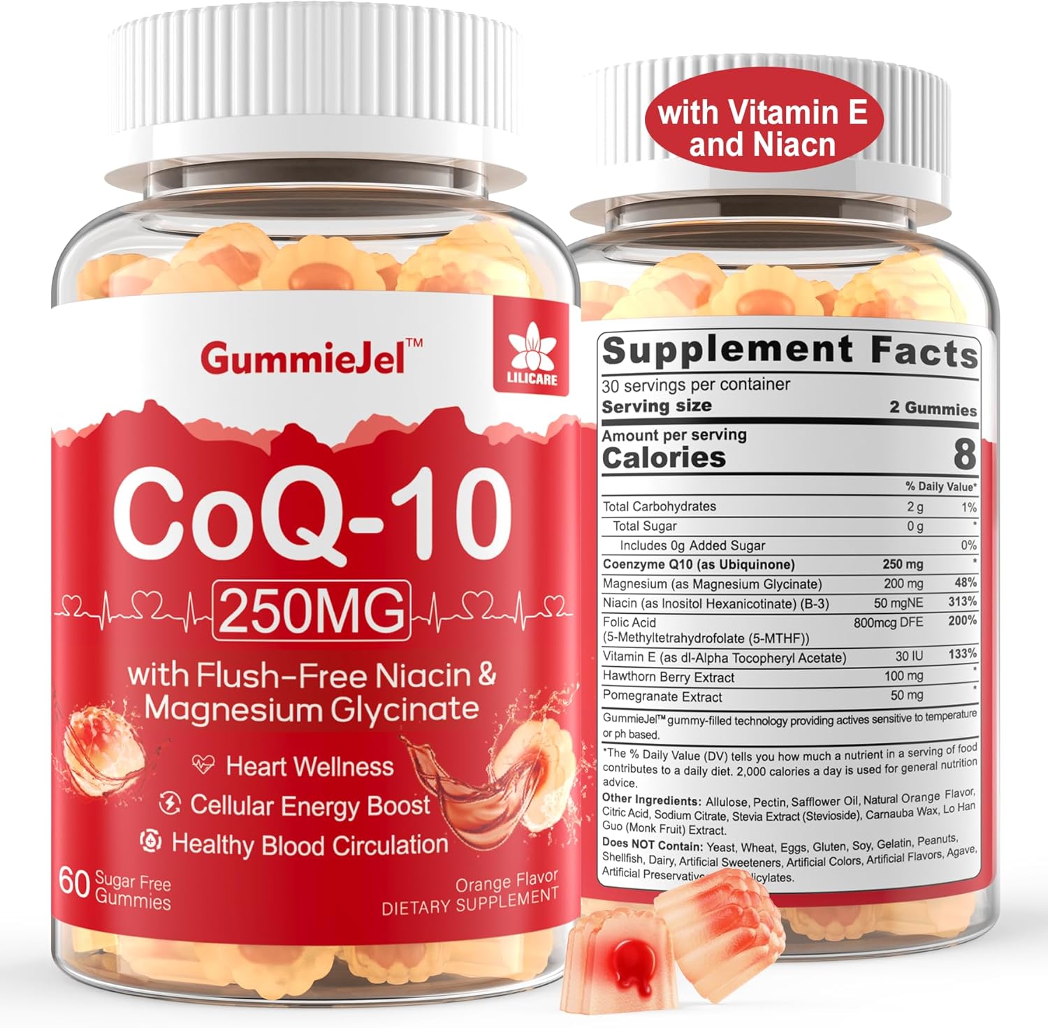 Sugar-Free CoQ10 Gummies with Magnesium Glycinate, Niacin, Vitamin E & Folic Acid - 120 Count, 250MG - High Absorption for Cellular Energy & Antioxidant Support