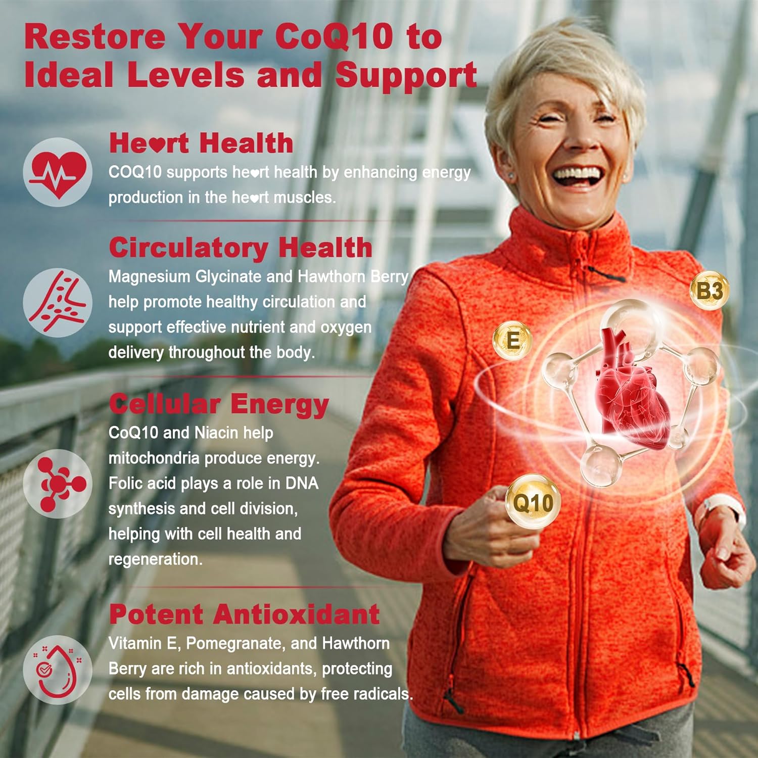 Sugar-Free CoQ10 Gummies with Magnesium Glycinate, Niacin, Vitamin E & Folic Acid - 120 Count, 250MG - High Absorption for Cellular Energy & Antioxidant Support