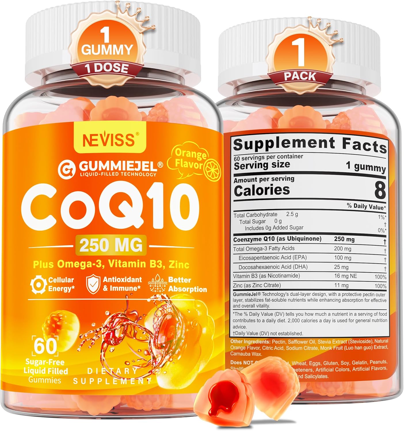 Sugar-Free CoQ10 Gummies with Omega-3, EPA, DHA, B3, and Zinc - Vegan Heart Health Supplements - 60 Day Supply