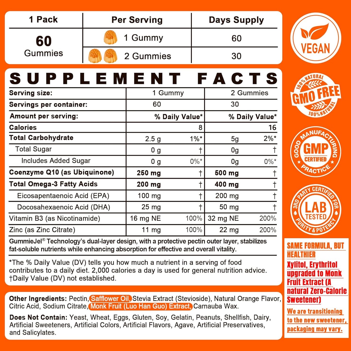 Sugar-Free CoQ10 Gummies with Omega-3, EPA, DHA, B3, and Zinc - Vegan Heart Health Supplements - 60 Day Supply