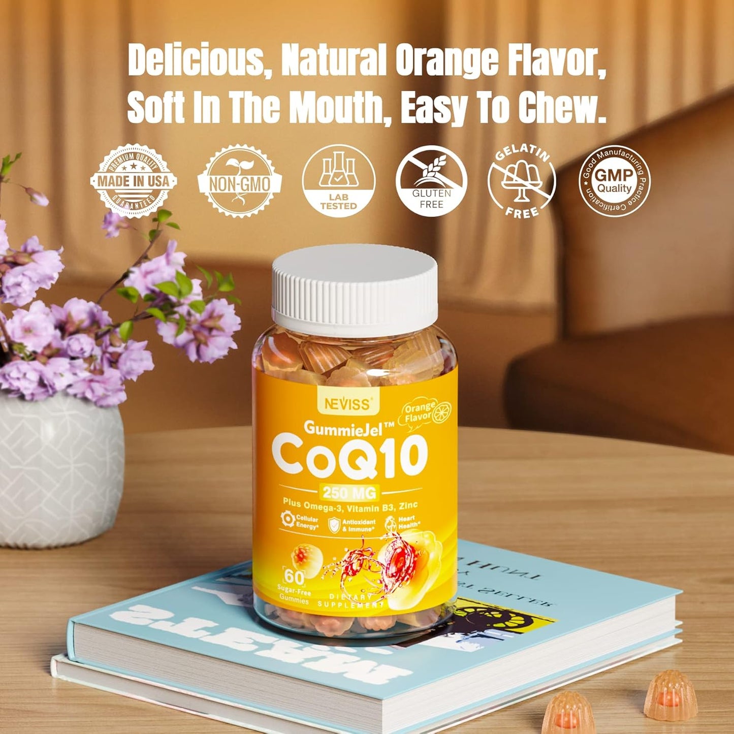 Sugar-Free CoQ10 Gummies with Omega-3, EPA, DHA, B3, and Zinc - Vegan Heart Health Supplements - 60 Day Supply