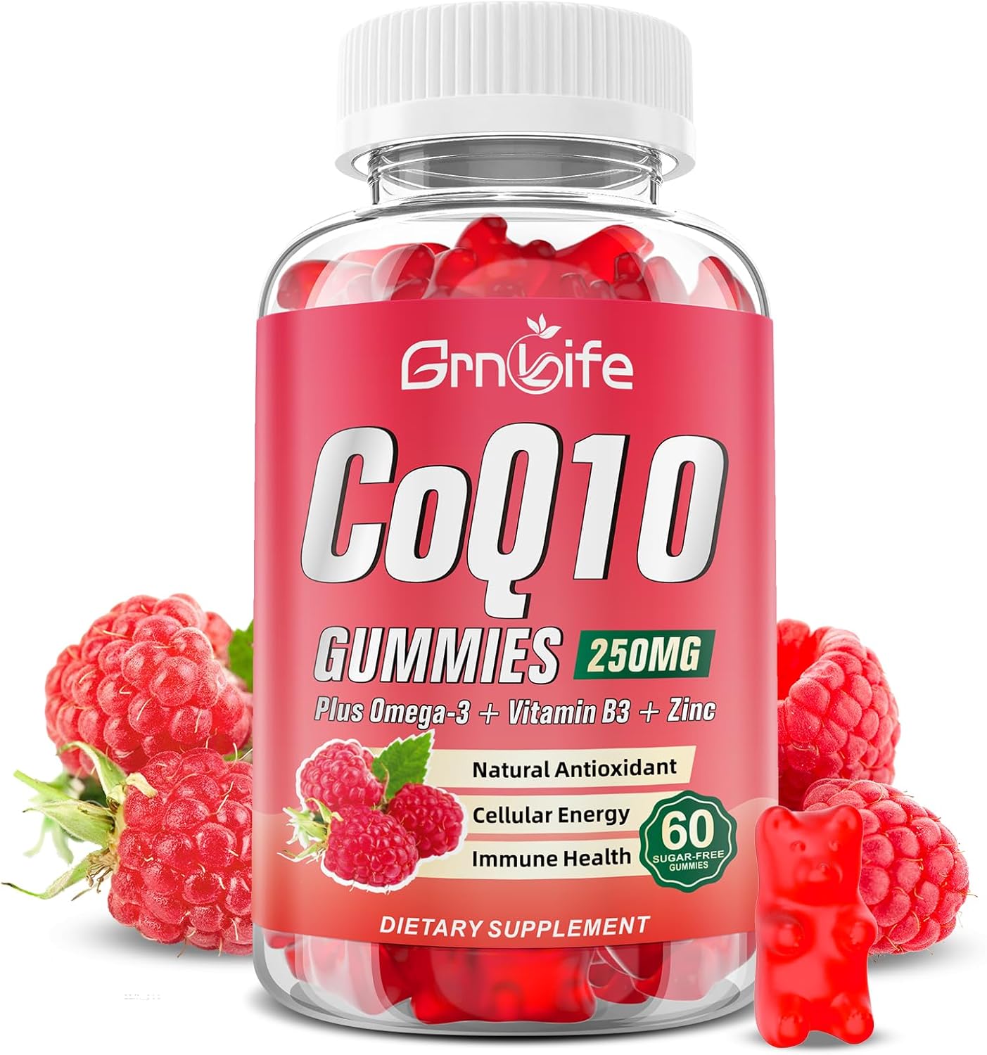 Sugar-Free CoQ10 Gummies with Omega-3, Vitamin B3, and Zinc - 250mg Coenzyme Q10 for Energy and Antioxidant Support - Raspberry Flavor - 60 Count