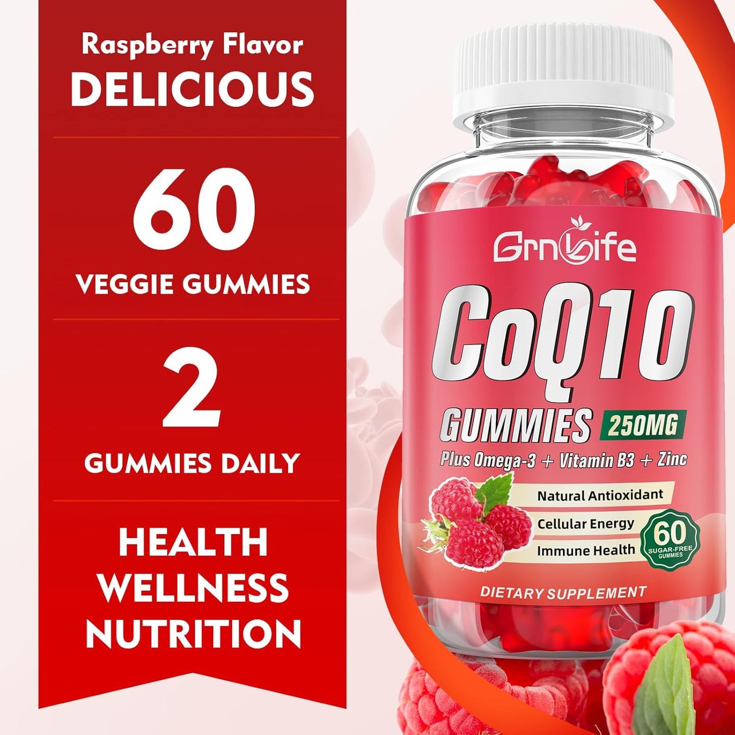 Sugar-Free CoQ10 Gummies with Omega-3, Vitamin B3, and Zinc - 250mg Coenzyme Q10 for Energy and Antioxidant Support - Raspberry Flavor - 60 Count