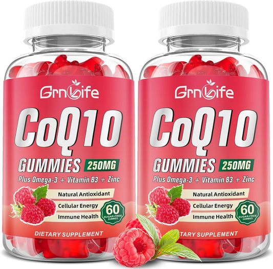 Sugar-Free CoQ10 Gummies with Omega-3, Vitamin B3, Zinc - 250mg Coenzyme Q10 Supplements for Energy & Antioxidant Support - Raspberry Flavor, 120 Count