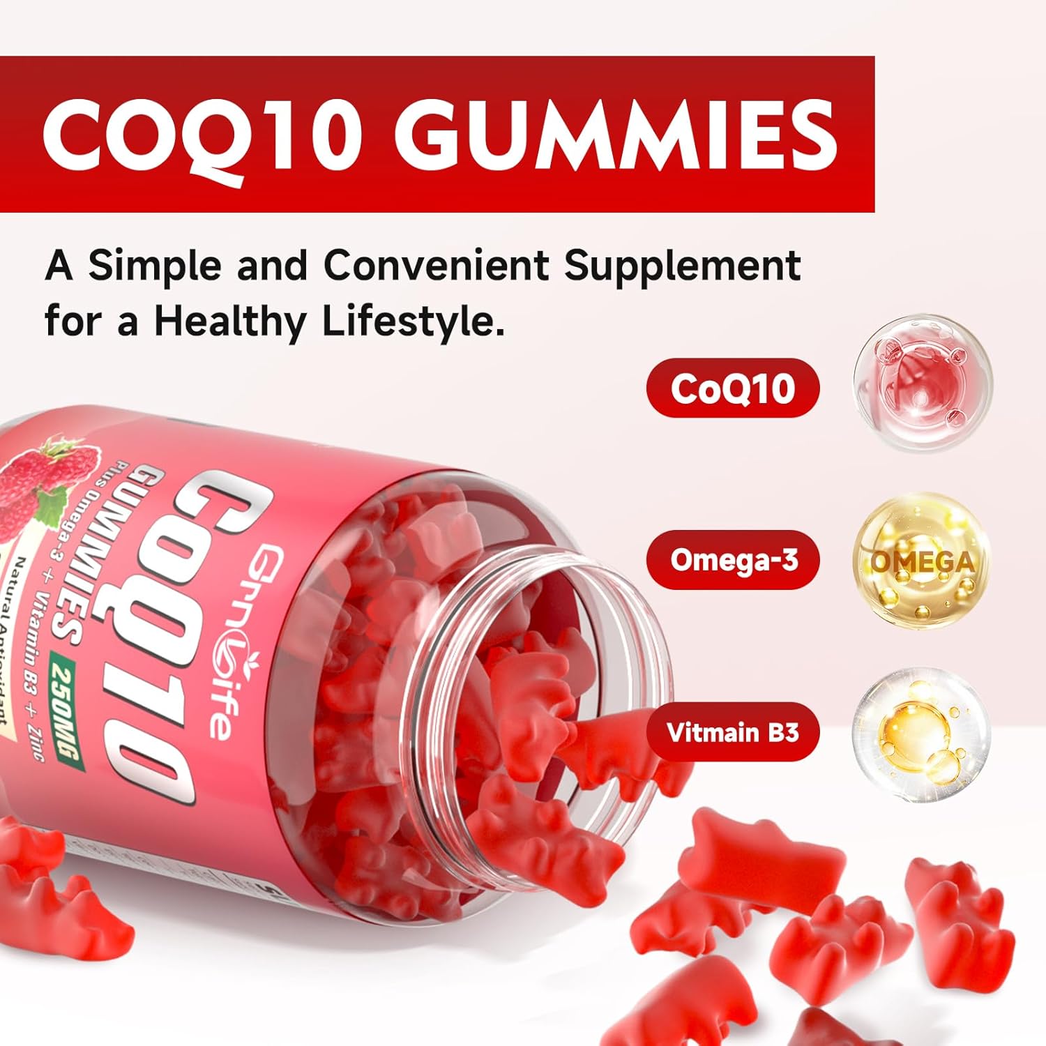 Sugar-Free CoQ10 Gummies with Omega-3, Vitamin B3, Zinc - 250mg Coenzyme Q10 Supplements for Energy & Antioxidant Support - Raspberry Flavor, 120 Count