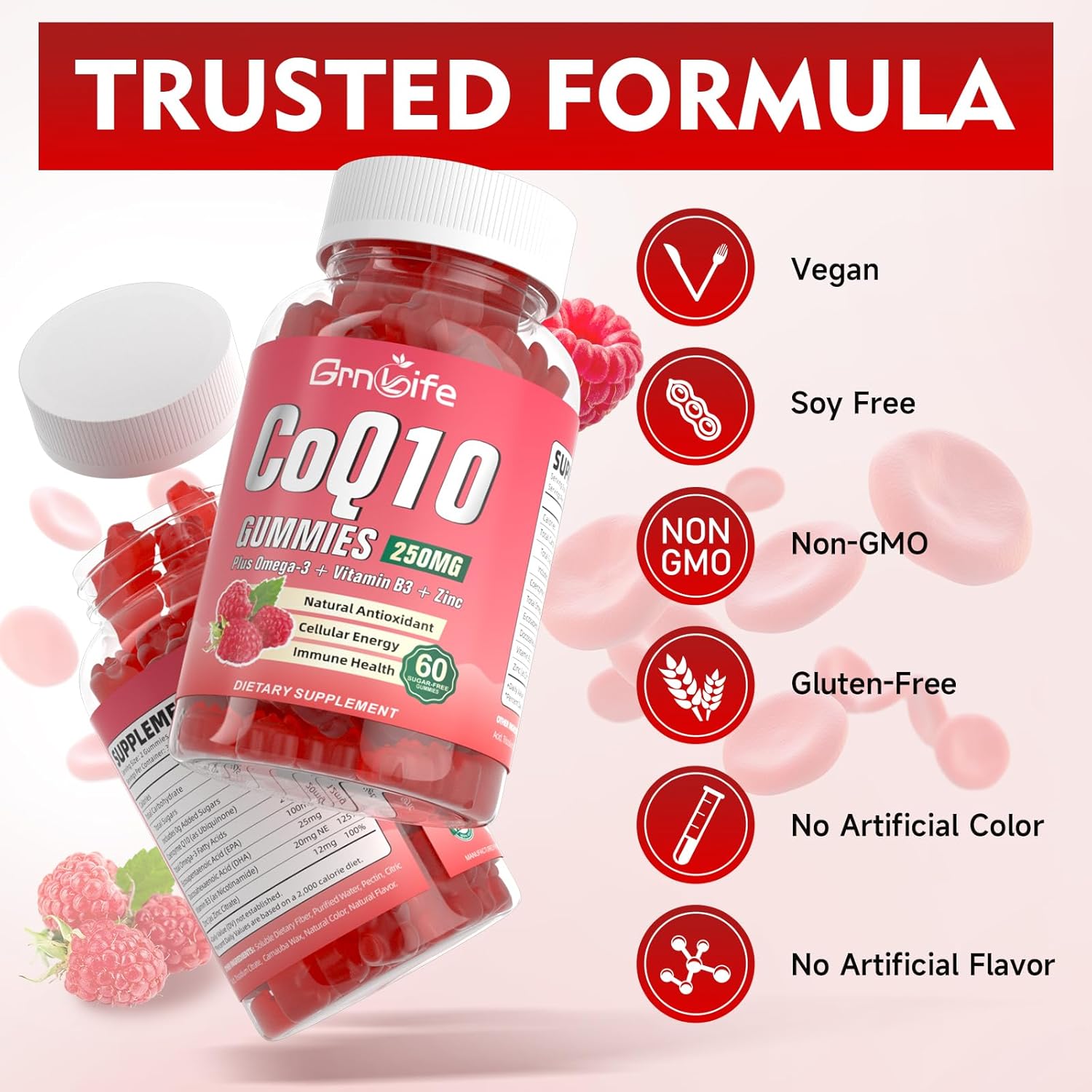 Sugar-Free CoQ10 Gummies with Omega-3, Vitamin B3, Zinc - 250mg Coenzyme Q10 Supplements for Energy & Antioxidant Support - Raspberry Flavor, 120 Count
