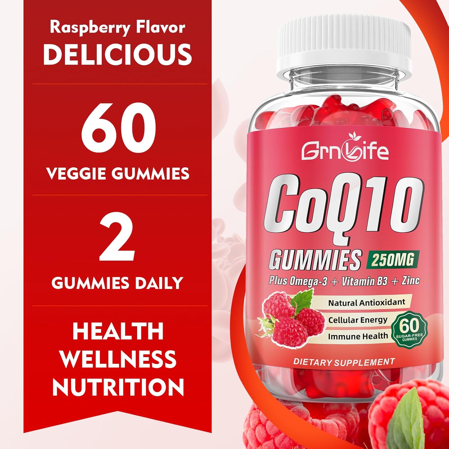 Sugar-Free CoQ10 Gummies with Omega-3, Vitamin B3, Zinc - 250mg Coenzyme Q10 Supplements for Energy & Antioxidant Support - Raspberry Flavor, 120 Count