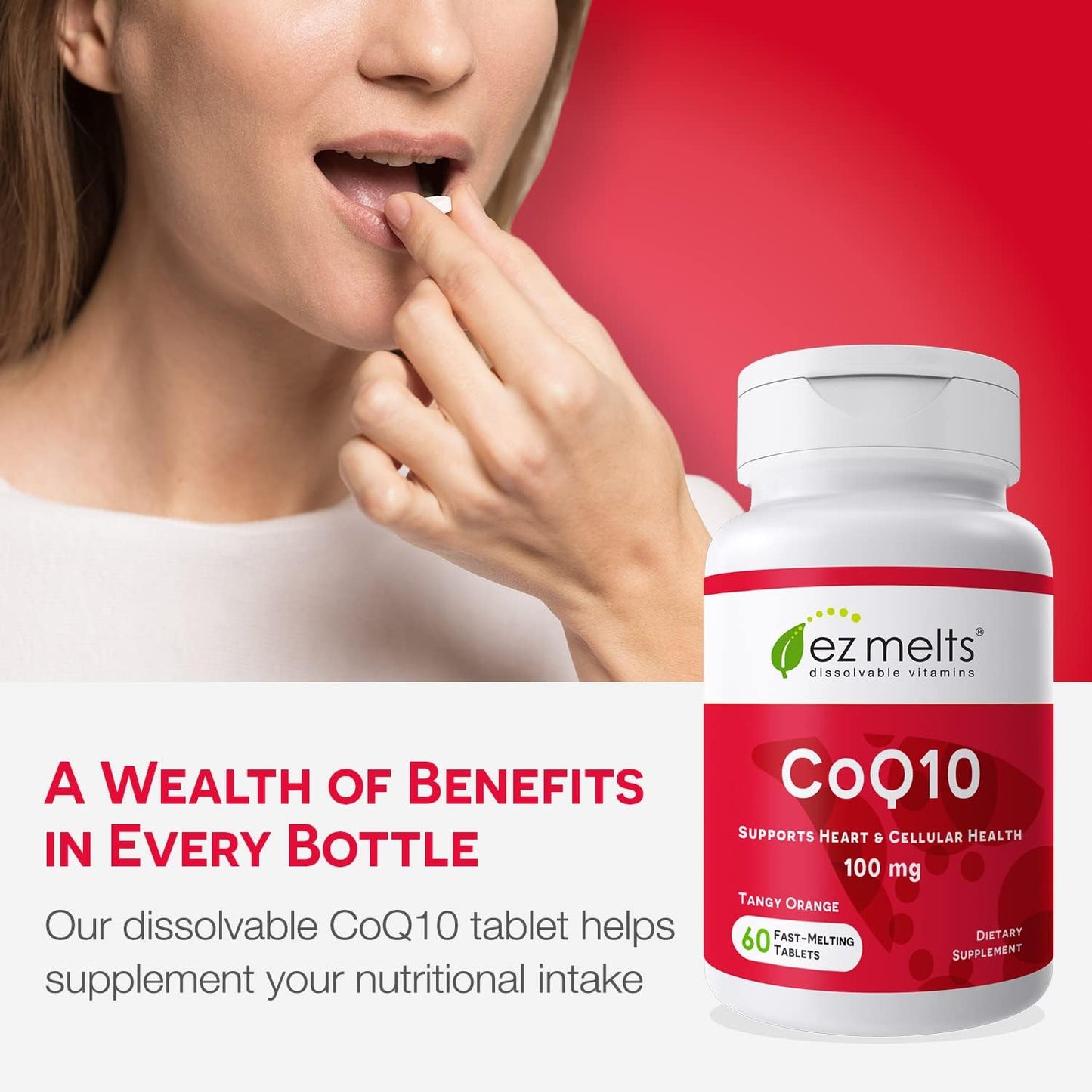 Sugar-Free CoQ10 Supplement 100mg - EZ Melts Dissolvable Tablets for 2 Months