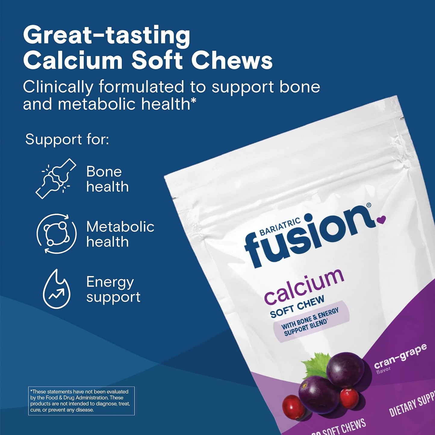 Sugar-Free Cranberry Grape Bariatric Fusion Calcium Citrate & Energy Soft Chews - 60 Count for Gastric Bypass and Sleeve Patients