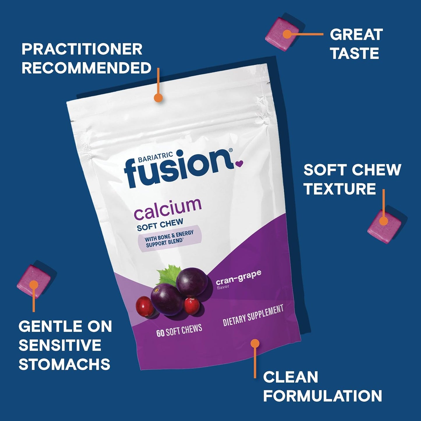 Sugar-Free Cranberry Grape Bariatric Fusion Calcium Citrate & Energy Soft Chews - 60 Count for Gastric Bypass and Sleeve Patients