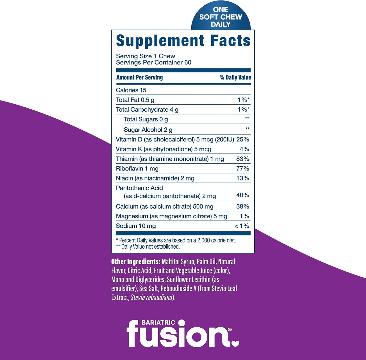 Sugar-Free Cranberry Grape Bariatric Fusion Calcium Citrate & Energy Soft Chews - 60 Count for Gastric Bypass and Sleeve Patients