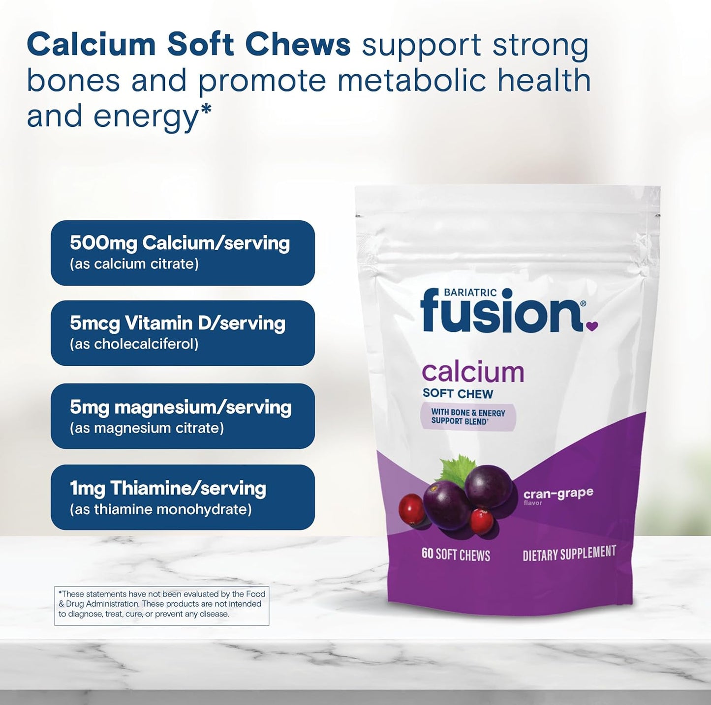 Sugar-Free Cranberry Grape Bariatric Fusion Calcium Citrate & Energy Soft Chews - 60 Count for Gastric Bypass and Sleeve Patients
