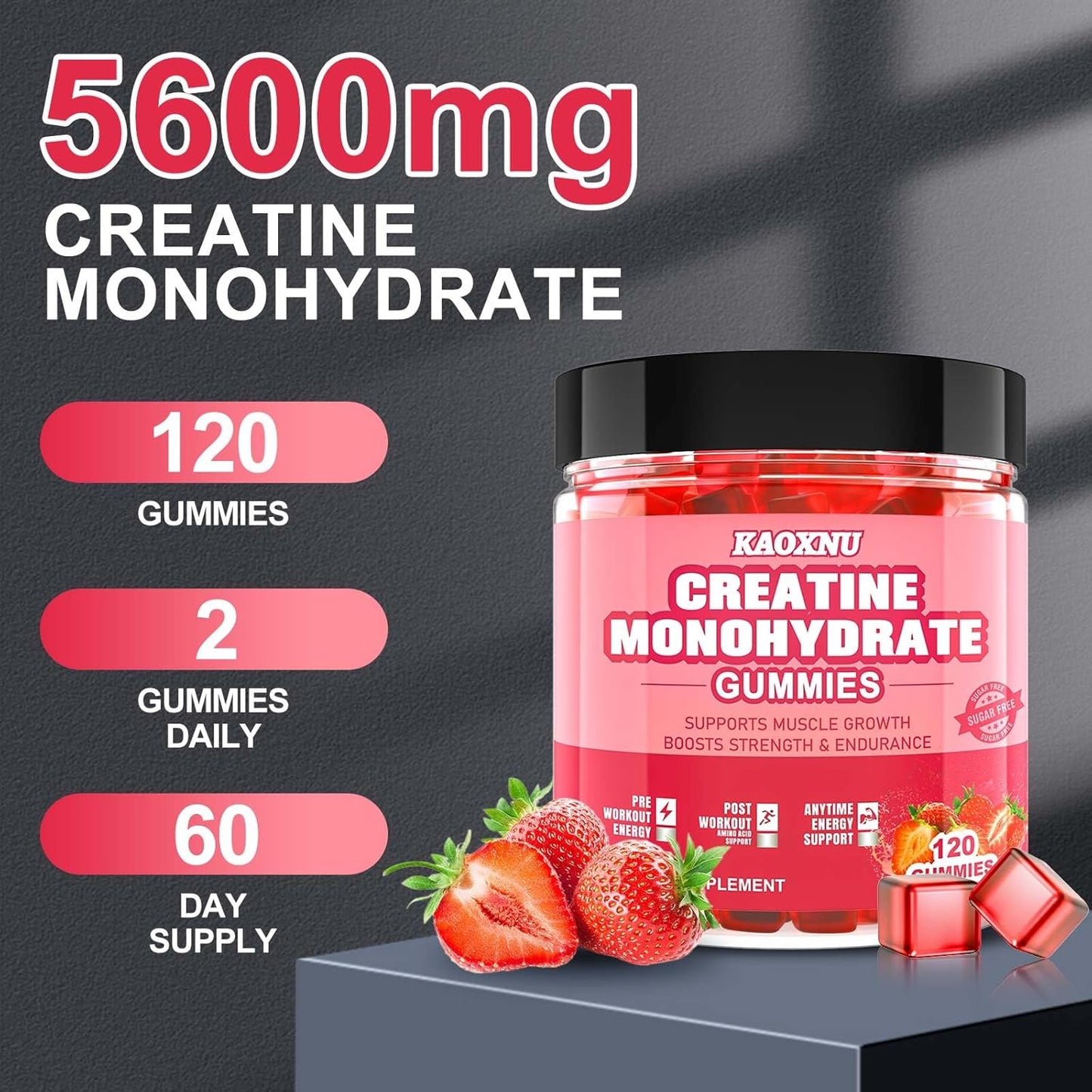 Sugar-Free Creatine Monohydrate Gummies 120 CT - 5600mg per Serving - Muscle Strength, Energy Boost - Strawberry Flavor