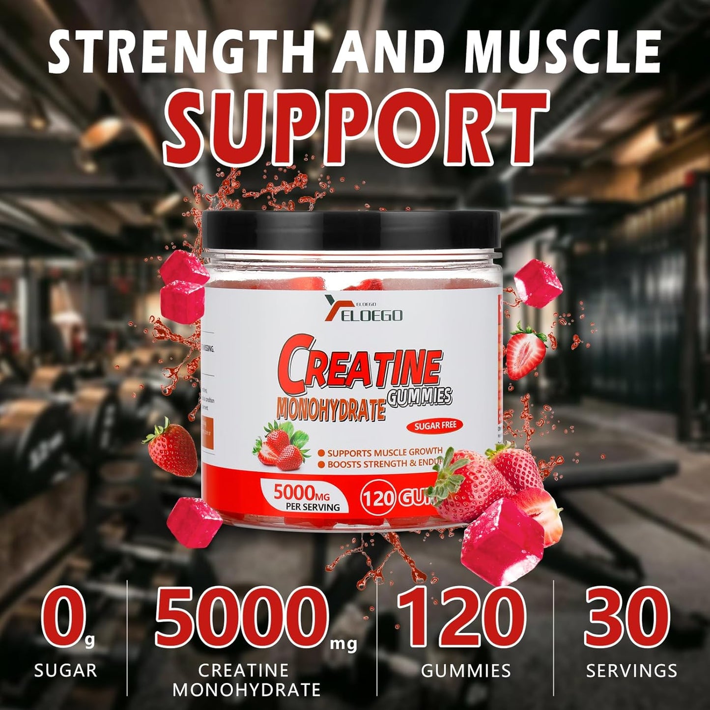 Sugar-Free Creatine Monohydrate Gummies 5000mg with L-Taurine & Vitamin B12 - Muscle Builder, Energy Boost, Pre-Workout Supplement for Men & Women - Strawberry Flavor - 120 Count