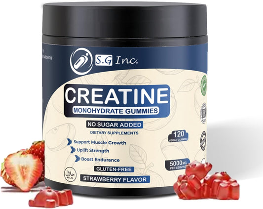 Sugar-Free Creatine Monohydrate Gummies for Energy Boost - 5g Muscle Support Supplements - Strawberry Flavored Chewables for Men & Women - 120 Gummies