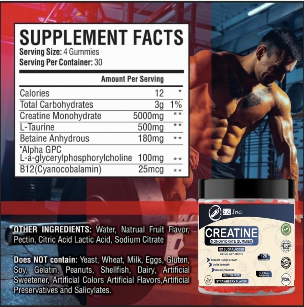 Sugar-Free Creatine Monohydrate Gummies for Energy Boost - 5g Muscle Support Supplements - Strawberry Flavored Chewables for Men & Women - 120 Gummies