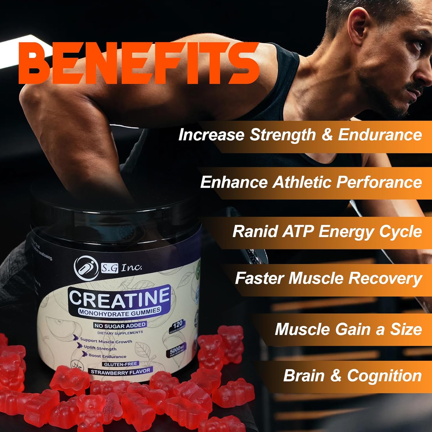 Sugar-Free Creatine Monohydrate Gummies for Energy Boost - 5g Muscle Support Supplements - Strawberry Flavored Chewables for Men & Women - 120 Gummies