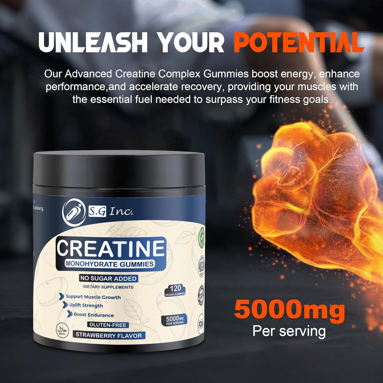 Sugar-Free Creatine Monohydrate Gummies for Energy Boost - 5g Muscle Support Supplements - Strawberry Flavored Chewables for Men & Women - 120 Gummies