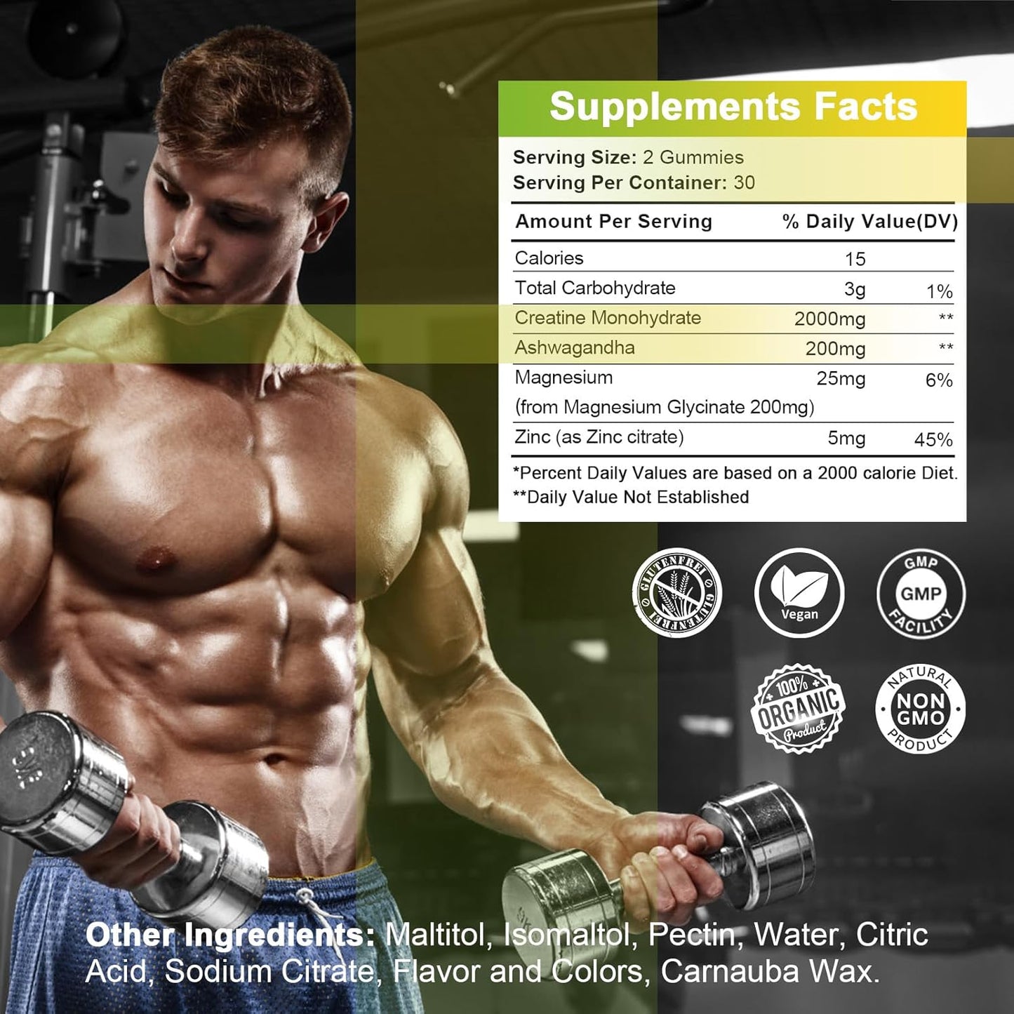 Sugar-Free Creatine Monohydrate Gummy with Magnesium, Zinc, and Ashwagandha for Muscle Building and Pre-Workout Energy Boost