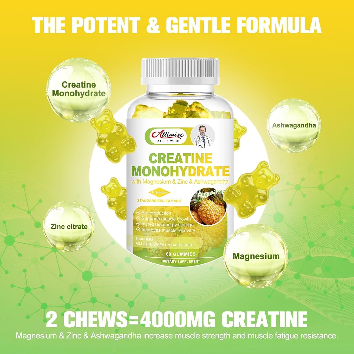Sugar-Free Creatine Monohydrate Gummy with Magnesium, Zinc, and Ashwagandha for Muscle Building and Pre-Workout Energy Boost