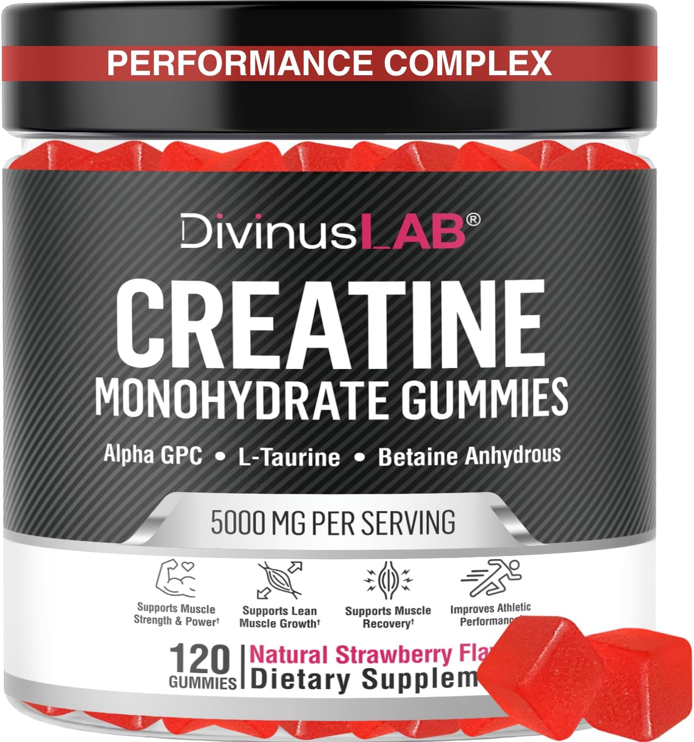 Sugar-Free DivinusLab Creatine Monohydrate Gummies 5g (5000mg) - 120 Count, Vegan Pre Workout Chews for Energy Boost, Muscle Building and Strength - Men & Women, Non-GMO
