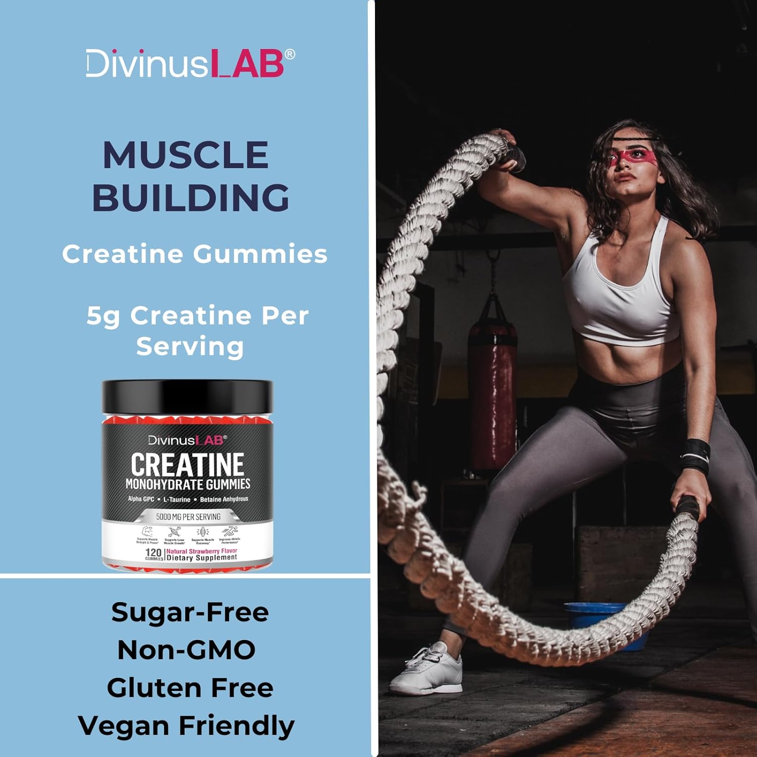Sugar-Free DivinusLab Creatine Monohydrate Gummies 5g (5000mg) - 120 Count, Vegan Pre Workout Chews for Energy Boost, Muscle Building and Strength - Men & Women, Non-GMO