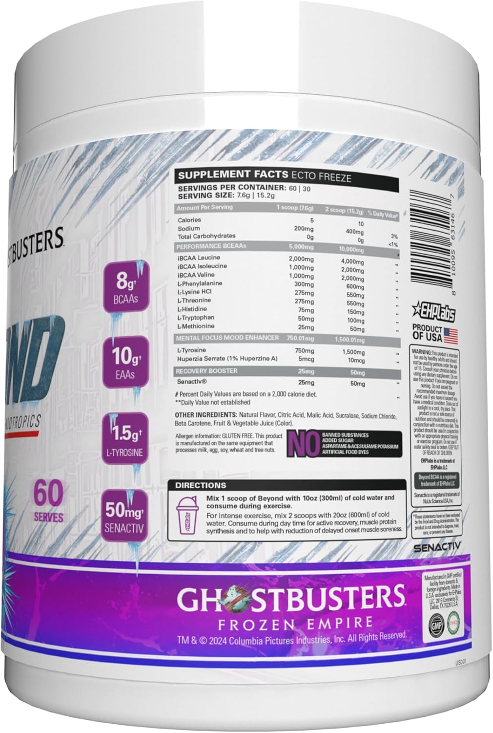 Sugar-Free EHP Labs x Ghostbusters Beyond BCAA Powder for Muscle Recovery - Post-Workout Amino Acids Supplement with EAA - 60 Servings (Ecto Freeze)