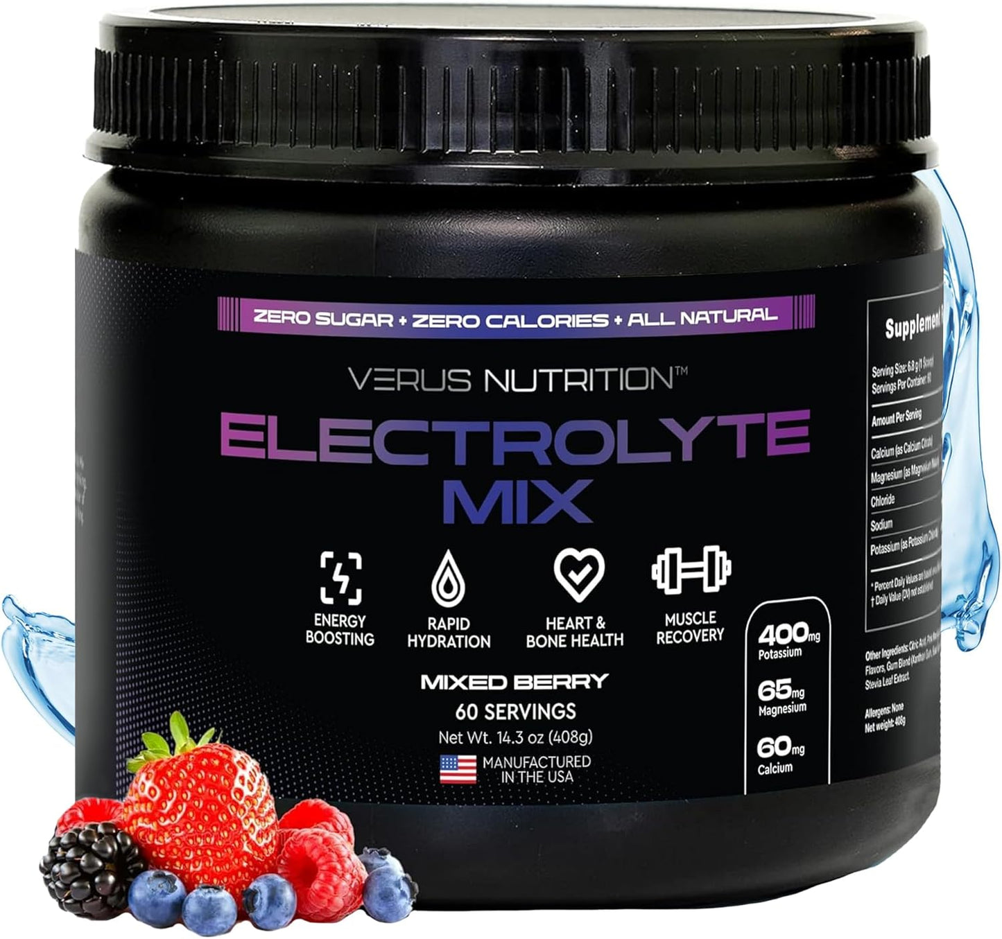 Sugar-Free Electrolyte Powder for Fasting, Keto & Vegan Diets - Natural Ingredients, Zero Calorie Hydration Mix with Energy Boost - 60 Servings