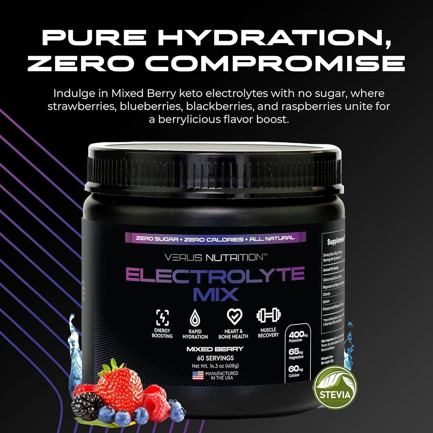 Sugar-Free Electrolyte Powder for Fasting, Keto & Vegan Diets - Natural Ingredients, Zero Calorie Hydration Mix with Energy Boost - 60 Servings
