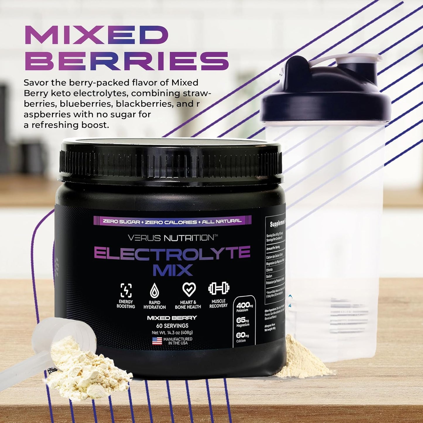 Sugar-Free Electrolyte Powder for Fasting, Keto & Vegan Diets - Natural Ingredients, Zero Calorie Hydration Mix with Energy Boost - 60 Servings