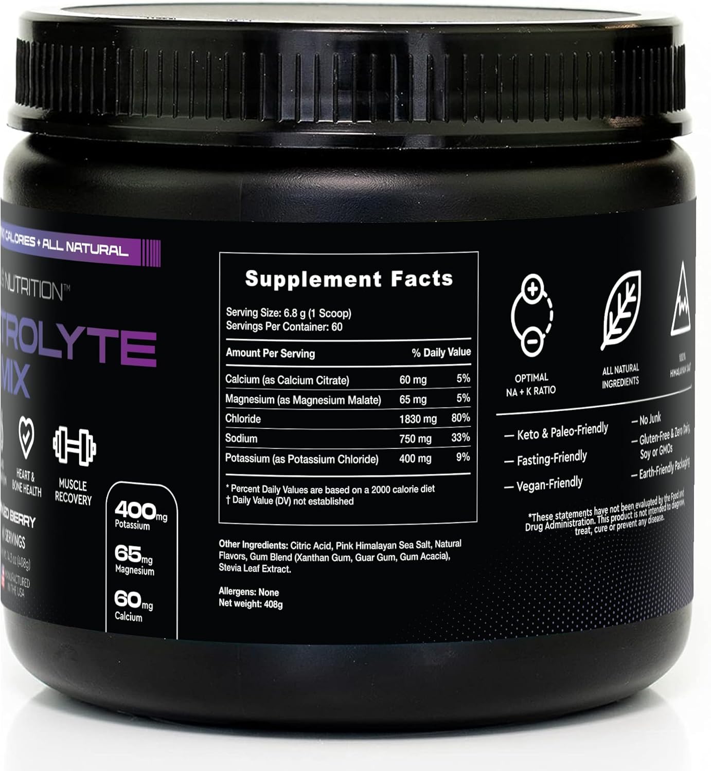 Sugar-Free Electrolyte Powder for Fasting, Keto & Vegan Diets - Natural Ingredients, Zero Calorie Hydration Mix with Energy Boost - 60 Servings