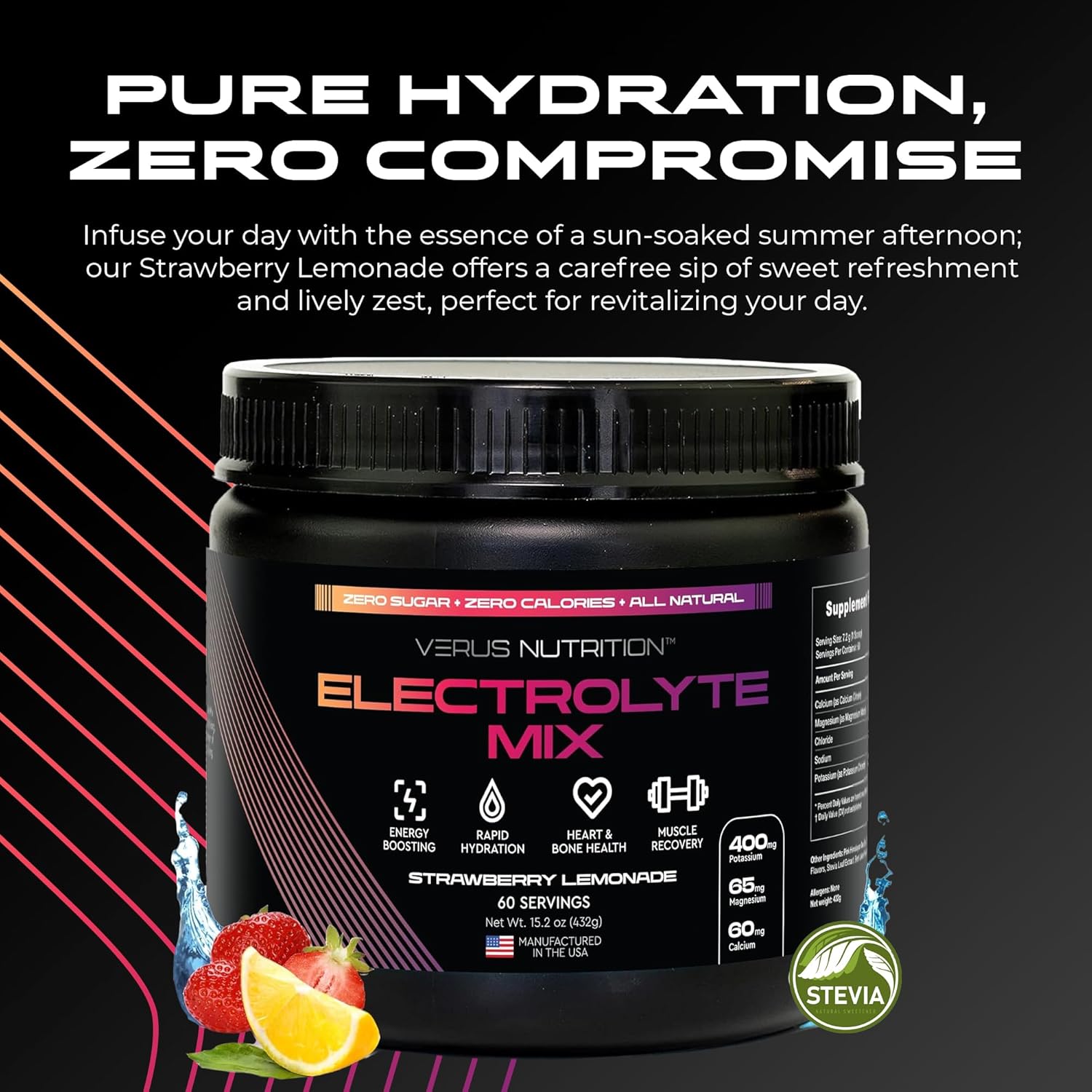 Sugar-Free Electrolytes Powder for Fasting, Keto & Vegan | Natural Ingredients for Energy Boost | Zero Calorie Hydration Mix, 60 Servings