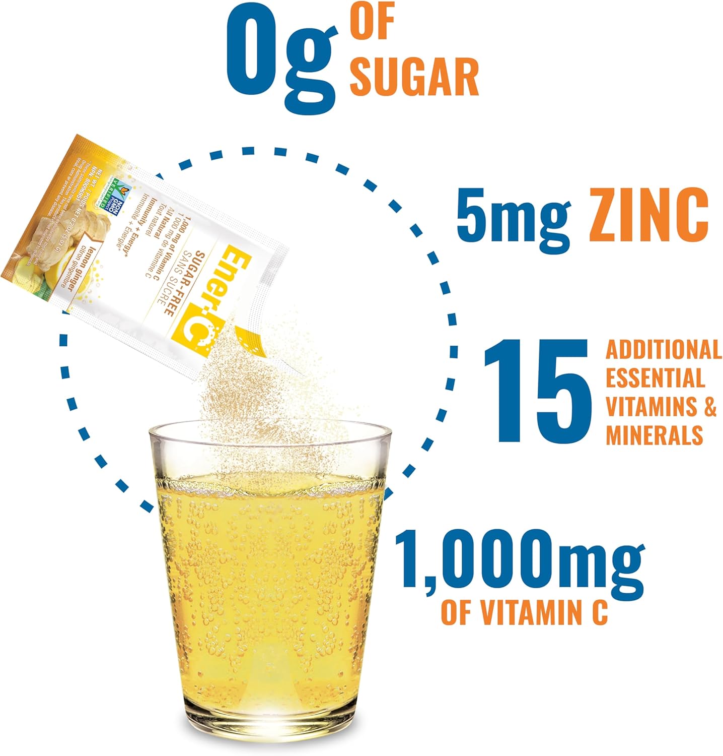 Sugar-Free Ener-C Lemon Ginger Multivitamin Drink Mix - 1000mg Vitamin C & Electrolytes - Immunity Support with Real Fruit Juice Powders - Non-GMO Vegan Gluten-Free - 60 Count