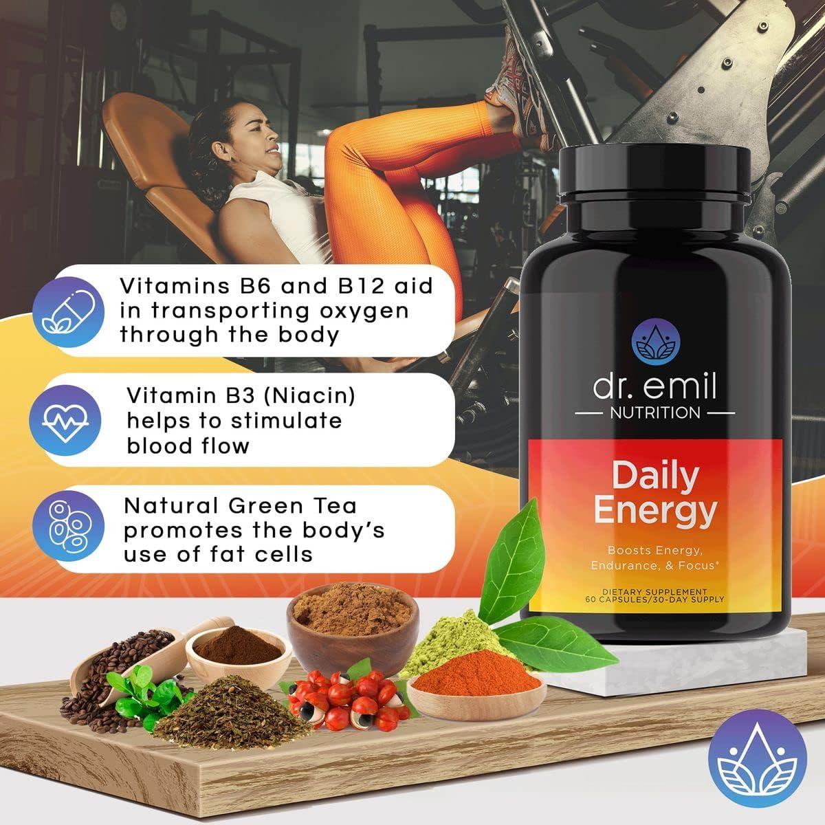 Sugar-Free Energy Pills with Guarana, L-Taurine, L-Theanine - 160mg Caffeine - Boost Energy & Focus - Dr. Emil Nutrition