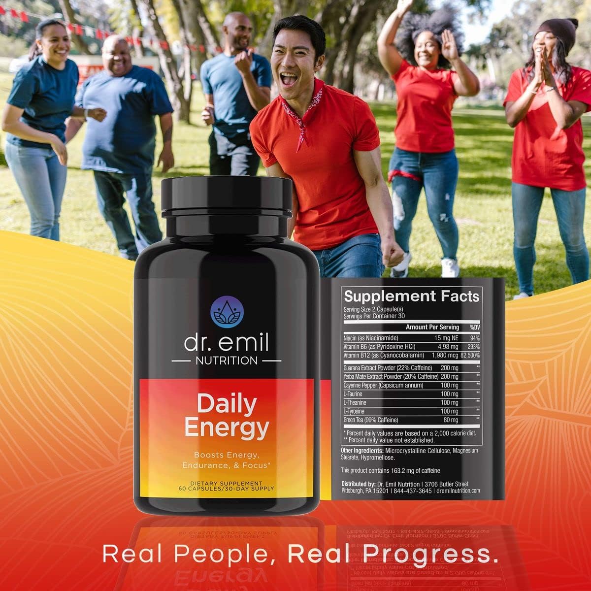 Sugar-Free Energy Pills with Guarana, L-Taurine, L-Theanine - 160mg Caffeine - Boost Energy & Focus - Dr. Emil Nutrition