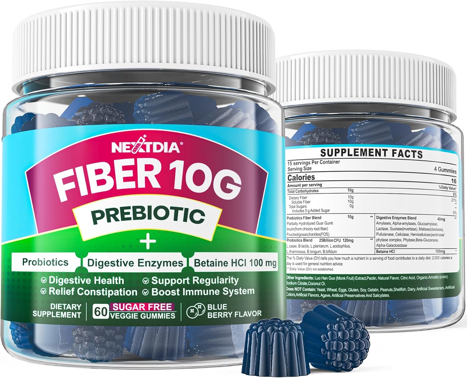 Sugar-Free Fiber Gummies for Adults with Probiotics, Enzymes, and Betaine - 10g Prebiotic Fiber Supplement for Digestive Health - Vegan, Gelatin-Free - 60ct