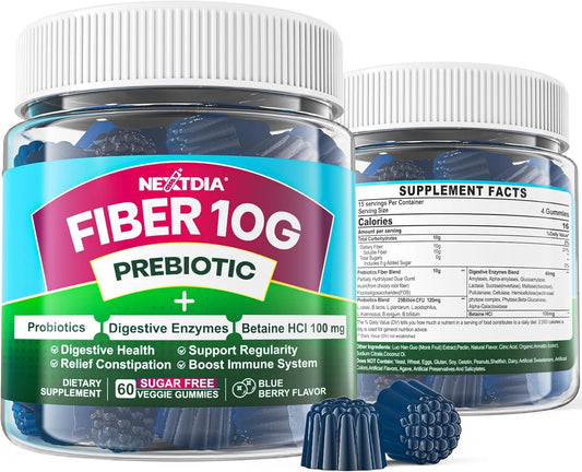 Sugar-Free Fiber Gummies for Adults with Probiotics, Enzymes, and Betaine - 10g Prebiotic Fiber Supplement for Digestive Health - Vegan, Gelatin-Free - 60ct