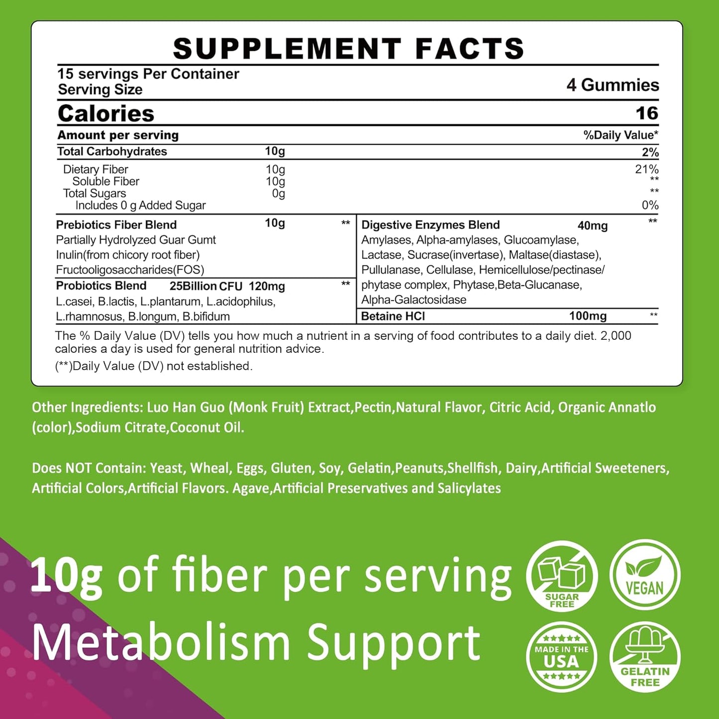 Sugar-Free Fiber Gummies for Adults with Probiotics, Enzymes, and Betaine - 10g Prebiotic Fiber Supplement for Digestive Health - Vegan, Gelatin-Free - 60ct