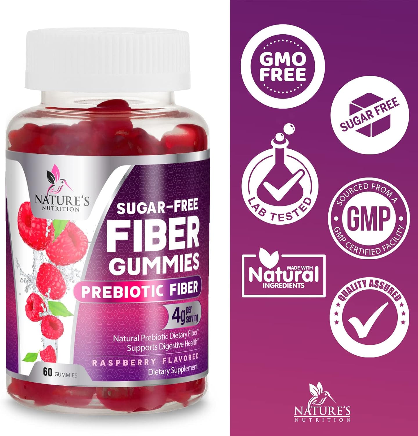 Sugar-Free Fiber Gummies for Digestive Health & Regularity Support - 60 Plant-Based Probiotic Supplements for Adults
