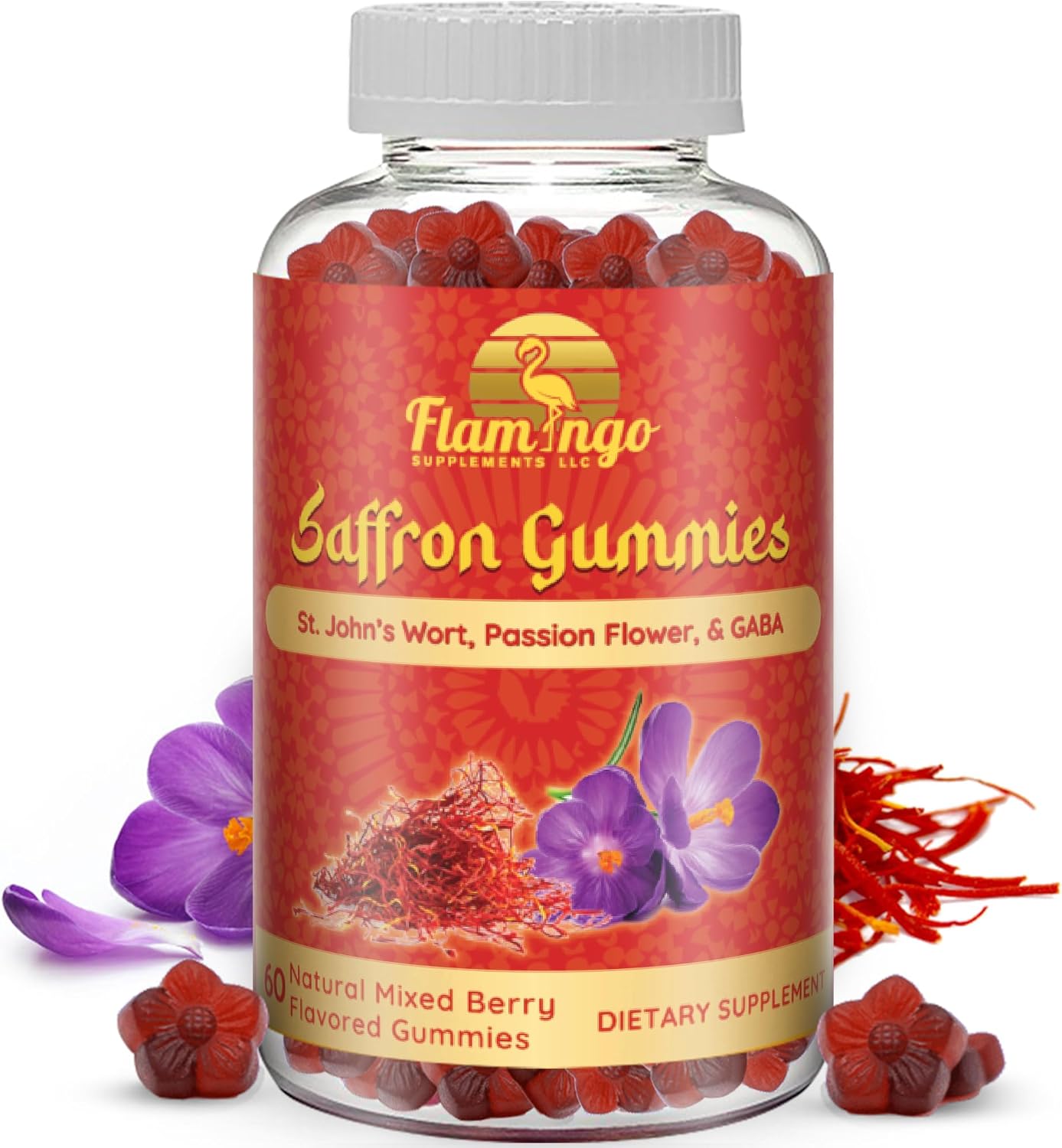 Sugar-Free Flamingo Saffron Gummies with GABA & Passion Flower for Focus & Mood - 60 Count
