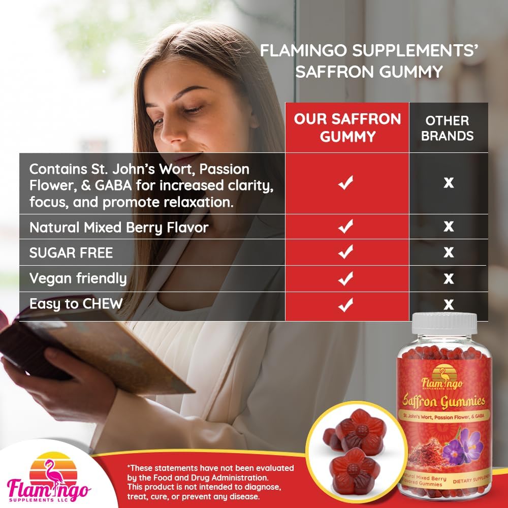 Sugar-Free Flamingo Saffron Gummies with GABA & Passion Flower for Focus & Mood - 60 Count