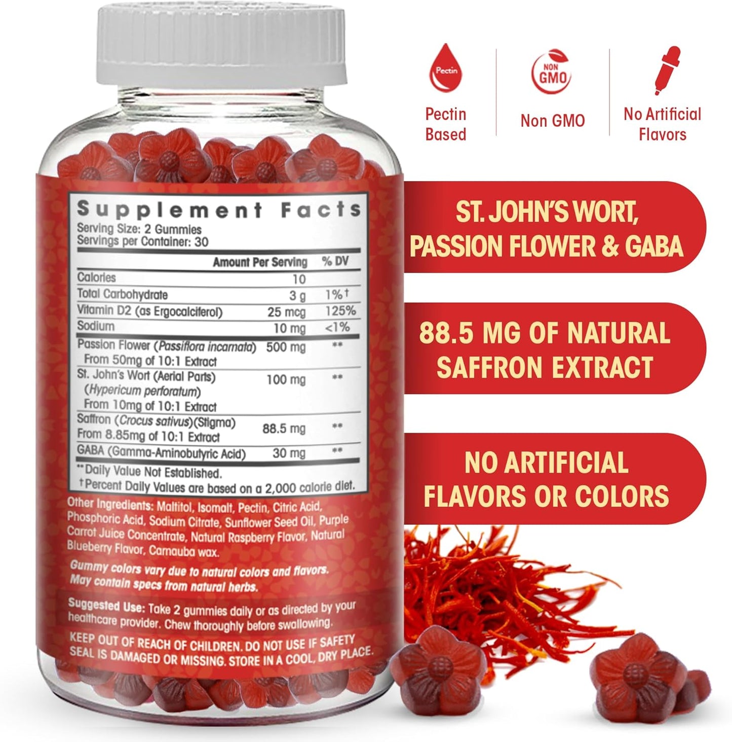 Sugar-Free Flamingo Saffron Gummies with GABA & Passion Flower for Focus & Mood - 60 Count