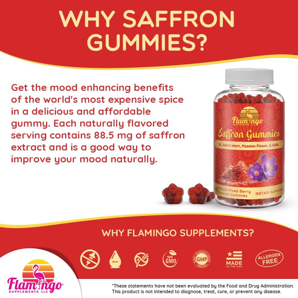 Sugar-Free Flamingo Saffron Gummies with GABA & Passion Flower for Focus & Mood - 60 Count