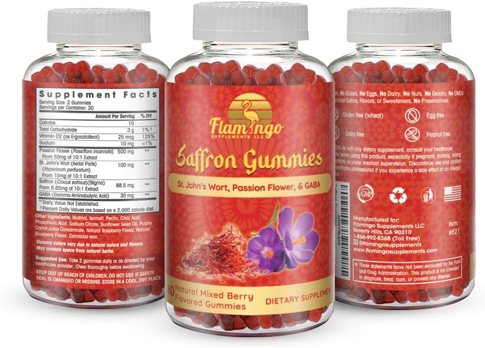 Sugar-Free Flamingo Saffron Gummies with GABA & Passion Flower for Focus & Mood - 60 Count