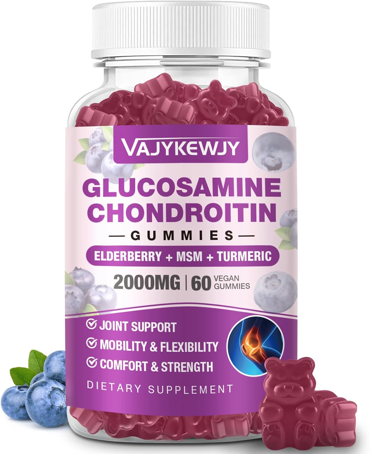 Sugar Free Glucosamine Chondroitin Gummies - 2000mg Extra Strength with MSM, Turmeric - Joint Support & Antioxidant Immune Boost - 60 Gummies